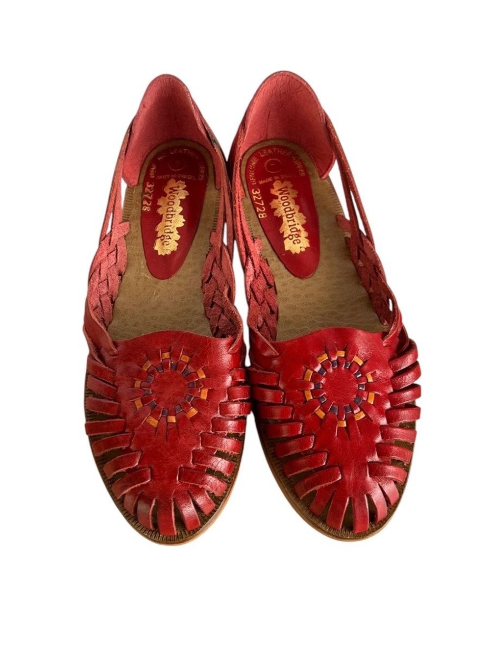 Vintage 80s Woodbridge Red Leather Woven Huarache Sandals Flat Brazil Size 7